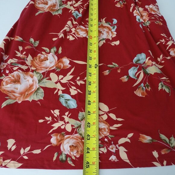 Floral Red Midi Dress With Elastic Waist Women Size L Short Sleeve Pocket FLAW - Picture 11 of 12